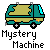 Pixel art of a teal and yellow van with black wheels, orange flower-like symbols on the sides, and a light blue front section, below text reading 'Mystery Machine' in blocky font.