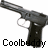 Pixelated static icon of a black handgun with silver accents and visible trigger, positioned diagonally against white background, with "Coolbuddy" text below in pixelated font.
