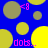 Blue background with yellow and gray circles, pink '<8' symbols, and 'dots..' text in pixelated style.