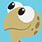 Pixelated cartoon head with large white eyes and black pupils, tan skin, and a light blue background.