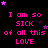 Black background with repeated pink text "I am so SICK of all this LOVE" and scattered purple stars, one gray square in bottom-right corner.