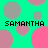 Pixelated green background with pink and gray circles, four instances of the text 'SAMANTHA' in black pixel font.