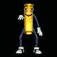 Animated pixel art character with yellow cylindrical body, blue limbs, white gloves and shoes, smiling face on black background.