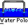 Animated water polo contact sheet showing sequential frames of a yellow stick figure scoring goals in pixelated blue water with white goal nets and soccer balls.