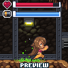 Pixel art scene showing a female character with long brown hair in mid-action, standing on grass beneath stone walls and metal beams.