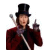 A static image shows a person in a red coat and top hat holding a cane, with repeated purple text 'He He, you're really weird!' surrounding the figure.