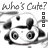 A black-and-white animated icon shows a cartoon panda with large eyes and rounded ears, repeatedly asking "who's Cute?" in stylized text above it.