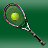 Animated tennis racket and ball on green background, showing sequential motion of racket swing and ball trajectory.