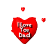 Red heart-shaped icon with 'I Love You Dad' text, surrounded by floating red hearts on gray background.