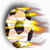 Animated soccer ball with motion blur and yellow accents, paired with static text reading "Soccer" and "SOCCER IS LIFE" in green pixelated font on black background.