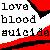 Pixelated text reads 'love blood bullet' in black block letters on white background with red pixelated shapes at top-right and bottom.