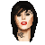 Pixel art portrait of a person with long black hair, red lips, and a visible neck tattoo against a gray background.
