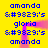 A yellow background displays blue text reading "amanda" and "gloria" with repeated "♥'s" symbols, overlaid by a pinkish-purple animated shape shifting between two forms.