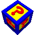 blue and yellow cubes with red question marks on each face, arranged in a pattern against a gray background