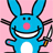 Blue cartoon bunny with pink nose and white belly, smiling widely against pink background.