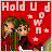 Pixelated red background icon with two cartoon characters and fragmented text fragments, featuring a pink border and scattered star shapes.