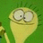 Yellow cartoon character with large round eyes and spiky hair holding a brown object against a green background.