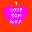 Four identical pixelated heart-shaped icons with white text on a red background, each displaying 'I LOVE SAM A.A.F.' in blocky font.