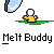 A 4x4 contact sheet of a pixel art animated icon showing a yellow stick figure melting under a spotlight, with text "Melt Buddy" repeated below each frame.