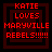 Four identical red pixelated text on dark backgrounds with layered square borders, each displaying "KATIE LOVES MARYVILLE REBELS!!!!!!" in all caps
