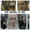 small images showing a character with long white hair and beard, wearing a helmet, alongside text phrases like "THE BOARD IS SET" and "WE COME TO IT AT LAST."