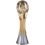 Pixelated trophy with metallic silver base and golden stem, topped with brown and silver circular elements against gray background.