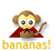 Pixelated cartoon monkey wearing red cape holding stick with bananas, yellow text below reads 'bananas!' on white background.