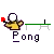 Pixelated character with white head and yellow body holds red paddle, standing behind green line labeled 'Pong' on gray background.