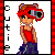Pixel art contact sheet showing two frames of a female character with red goggles, brown hair, and blue earrings in a red tank top and dark pants against white backgrounds with vertical text.