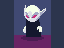Pixel art character with white face, red eyes, and black robe in multiple poses against purple and dark blue background.
