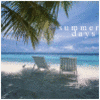 Beach scene with two white lounge chairs on sand under palm fronds, turquoise water, and blue sky with partial text "summer days" visible.