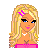 Pixel art of a blonde female character with pink hair clips, blue eyes, and a pink striped crop top, shown in multiple views with text labels.