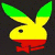 Yellow rabbit head with green ears, red bow tie, black eyes on dark background; partial view of yellow body and eye visible.