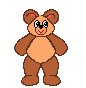 Pixelated brown teddy bear with peach belly and pink inner ears in six sequential poses showing arm and head movements.