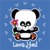 Pixelated panda icon with black ears, eyes, and limbs holds a pink flower with yellow center against blue background.