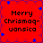 Red background with blue star accents and black text reading 'Merry Chrismaq-uansica' in four identical arranged in a