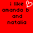 Red background with black pixelated text reading 'i like amanda b and natalia' and a white pixelated heart symbol replacing the word 'love' in the left