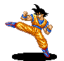 Four pixel-art frames of a character in orange and blue martial arts attire performing sequential kicking poses against a gray background.