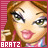 A 4-frame animated contact sheet of a cartoon doll character with brown hair and green eyes, displayed in a 2x2 grid on a pink striped background with "BRATZ" text at the bottom of each frame.