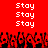 Red background with repeated white text 'Stay' in two above a pixelated crowd of red and black figures
