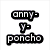 Pixelated image with text 'anny- y- poncho' on left, woman in hat and pink top on upper right, couple embracing on lower right.