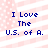 Pixelated text reads "I Love The U.S. of A." over a pink and white striped background with small white dots.