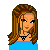 Pixel art buddy icon of a female character in blue top and gray pants with text "softball chick!" below, displayed as 2x2 contact sheet frame on white background.