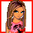 Pixel art contact sheet showing five frames of an animated AIM buddy icon featuring a cartoon woman in red and pink attire with visible text elements "here we come" and "trompeta".