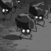 A grayscale cartoon character with large eyes and a small body carries a large rock on its head, surrounded by similar figures in a rocky terrain.
