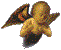 Pixelated angel icon with golden skin, dark brown wings, and black lower body; two views show slight rotation of the head.