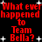 Red pixelated text on black background repeats 'What ever happened to Team Bella?' with white starbursts scattered across the image.