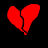Red broken heart icon with white text 'broken heart' on black background, pixelated style.