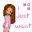 A 4-frame pixel art contact sheet showing a cartoon girl with long brown hair in a white and pink outfit, accompanied by changing pink text phrases on a transparent background.
