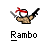 Pixelated static icon of a character with red bandana, white face mask, and brown jacket holding two guns against gray background with "Rambo" text below.